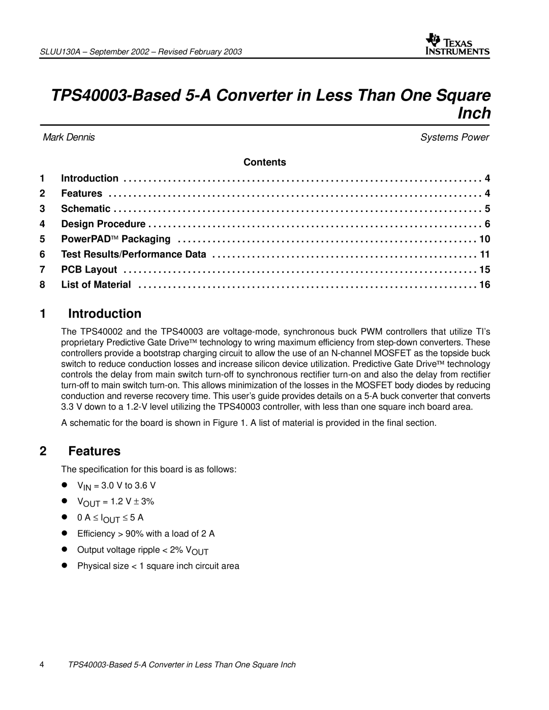 Texas Instruments TPS40003 manual Introduction, Features 