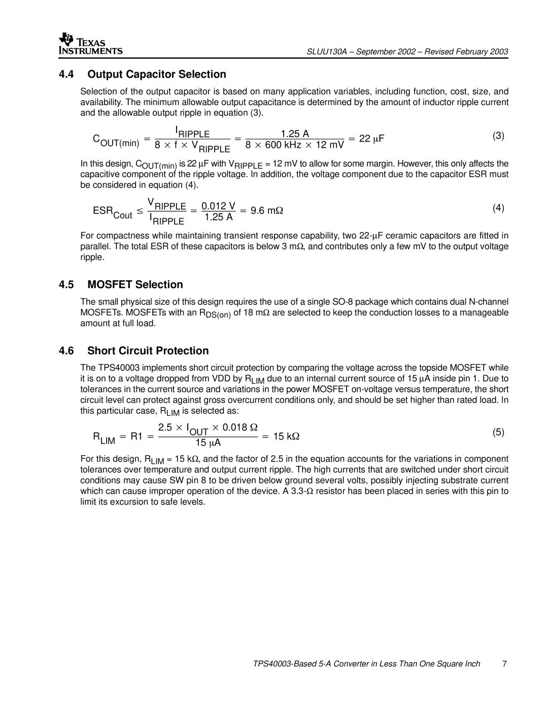 Texas Instruments TPS40003 manual Output Capacitor Selection, Mosfet Selection, Short Circuit Protection 