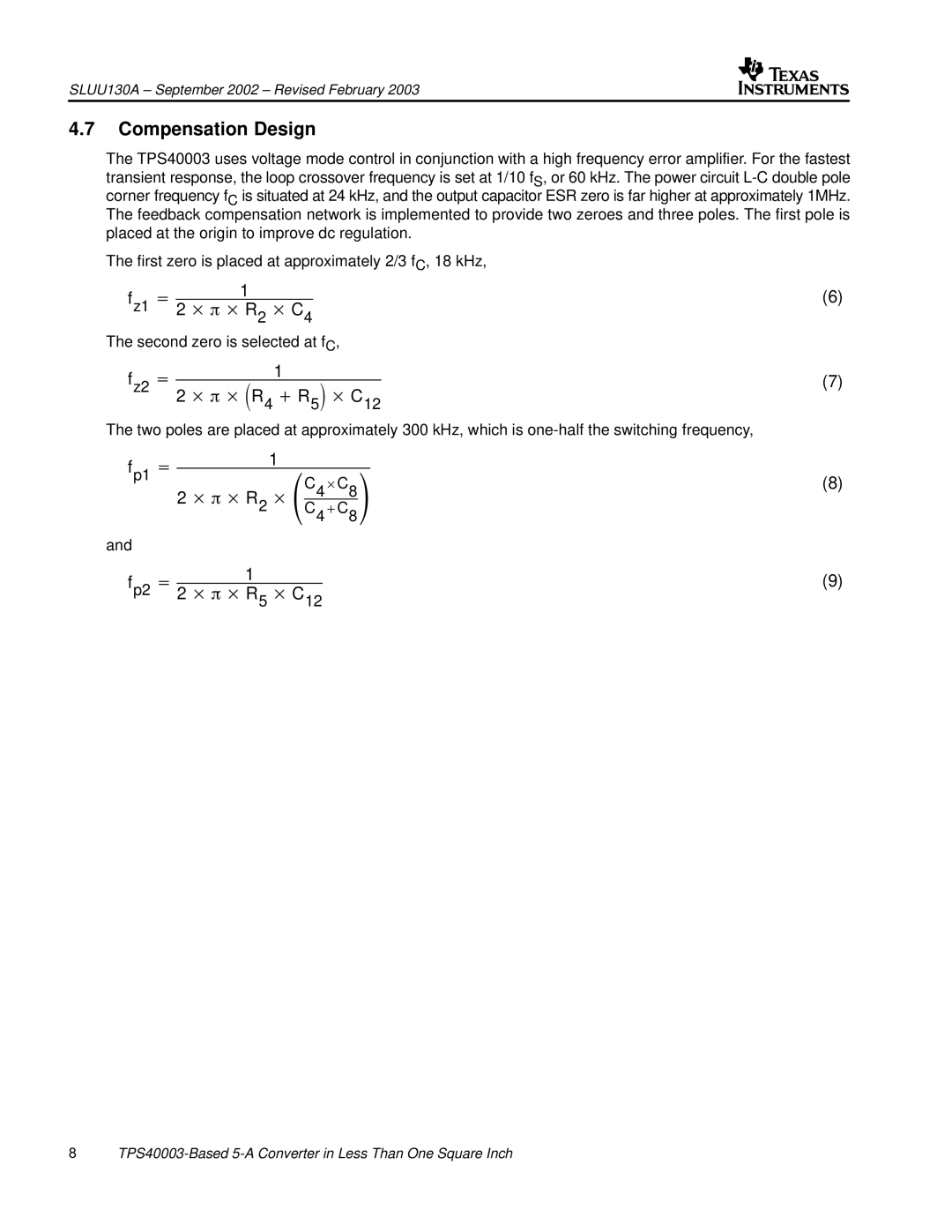 Texas Instruments TPS40003 manual Compensation Design 