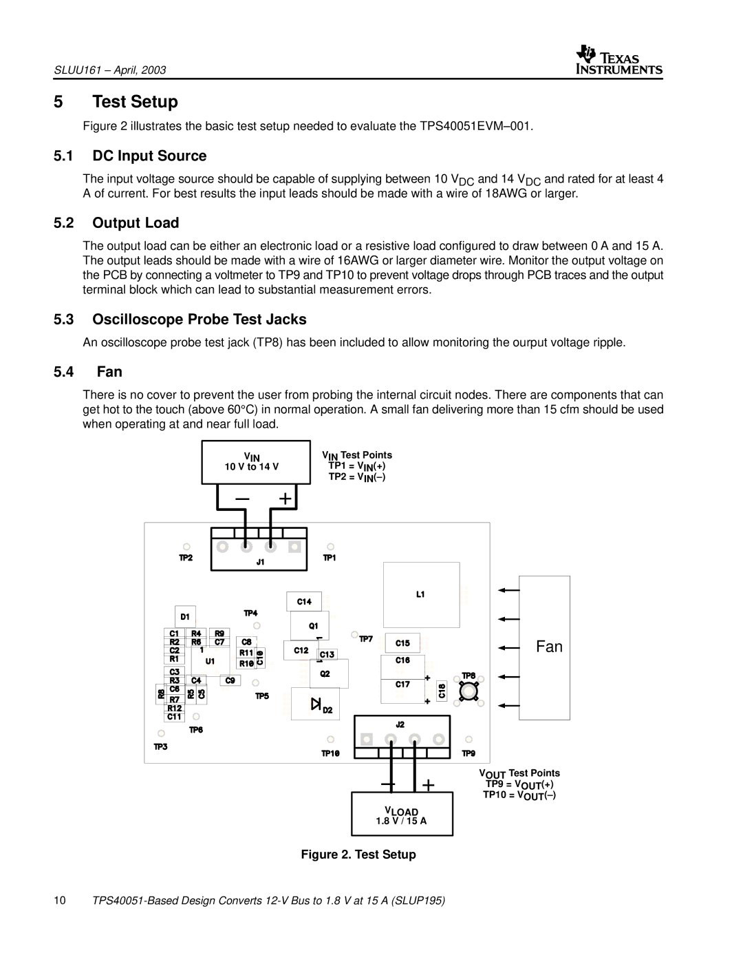 Texas Instruments TPS40051 manual Test Setup, DC Input Source, Output Load, Oscilloscope Probe Test Jacks, Fan 