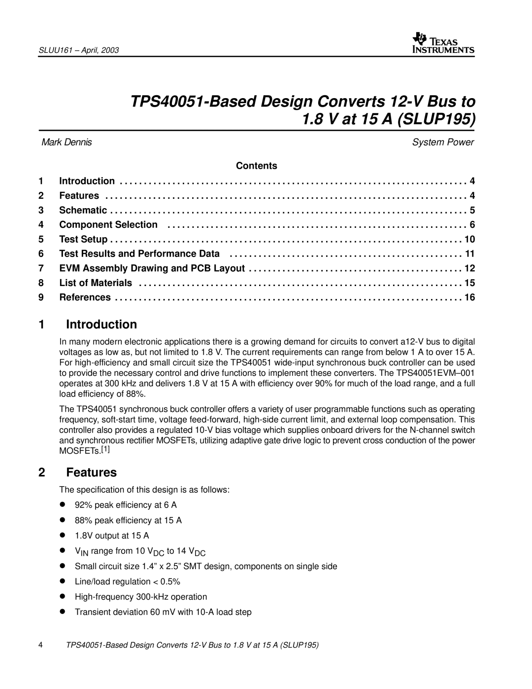 Texas Instruments TPS40051 manual Introduction, Features 