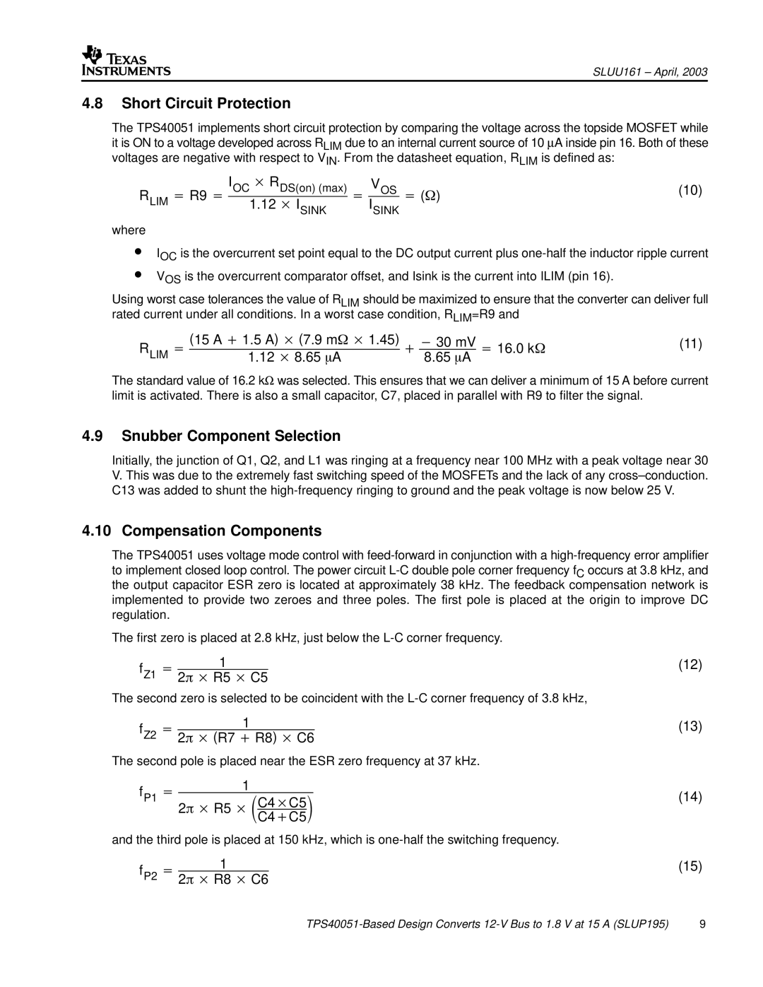 Texas Instruments TPS40051 manual Short Circuit Protection, Snubber Component Selection, Compensation Components 