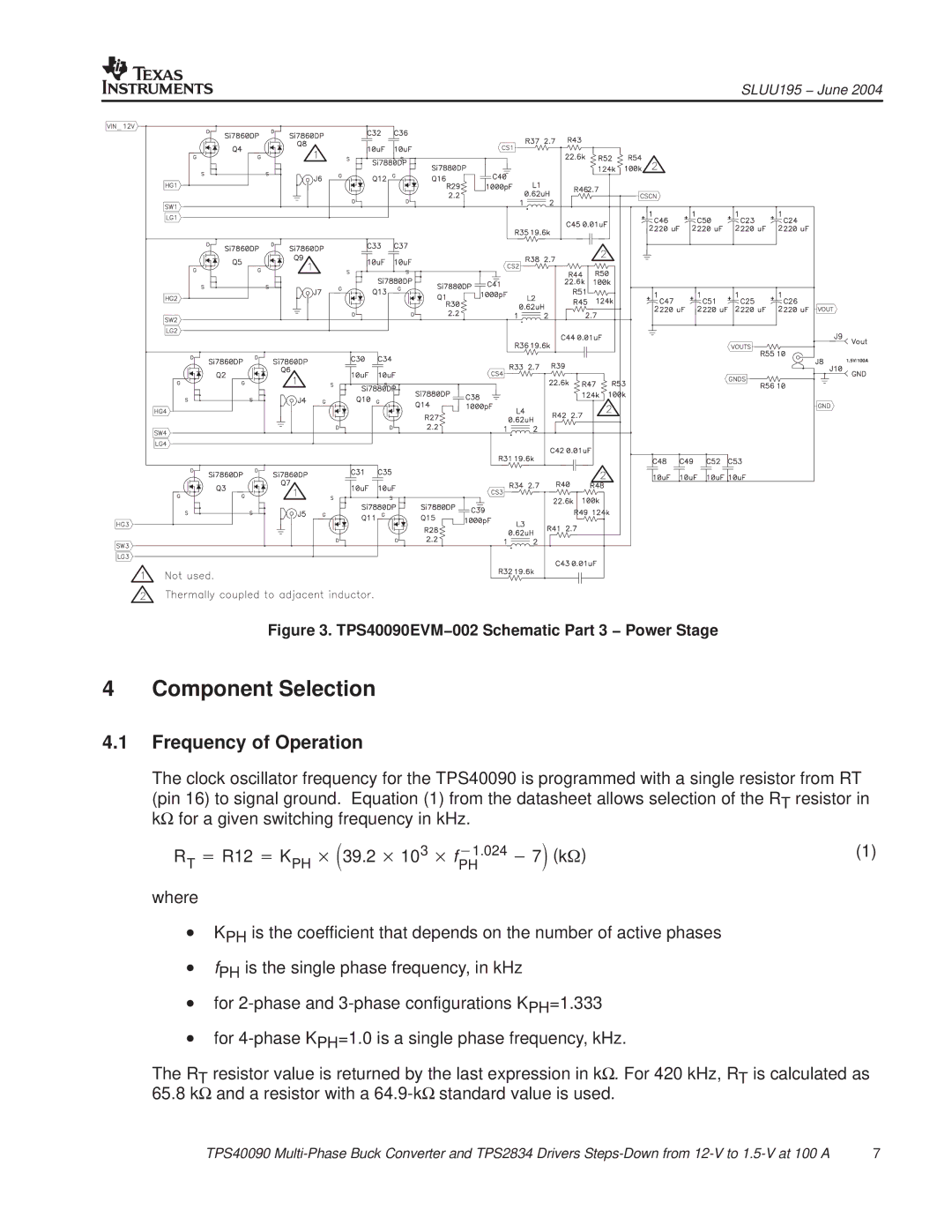 Texas Instruments TPS40090EVM-002 manual Component Selection, Frequency of Operation 