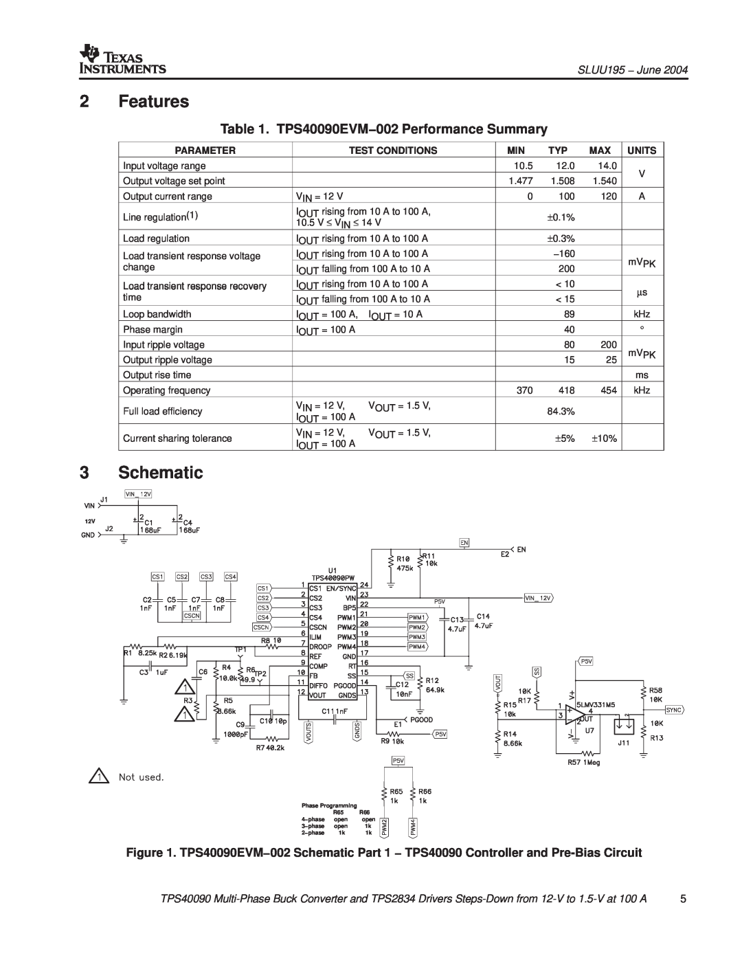 Texas Instruments TPS40090EVM-002 manual Features, Schematic, TPS40090EVM−002 Performance Summary, SLUU195 − June 