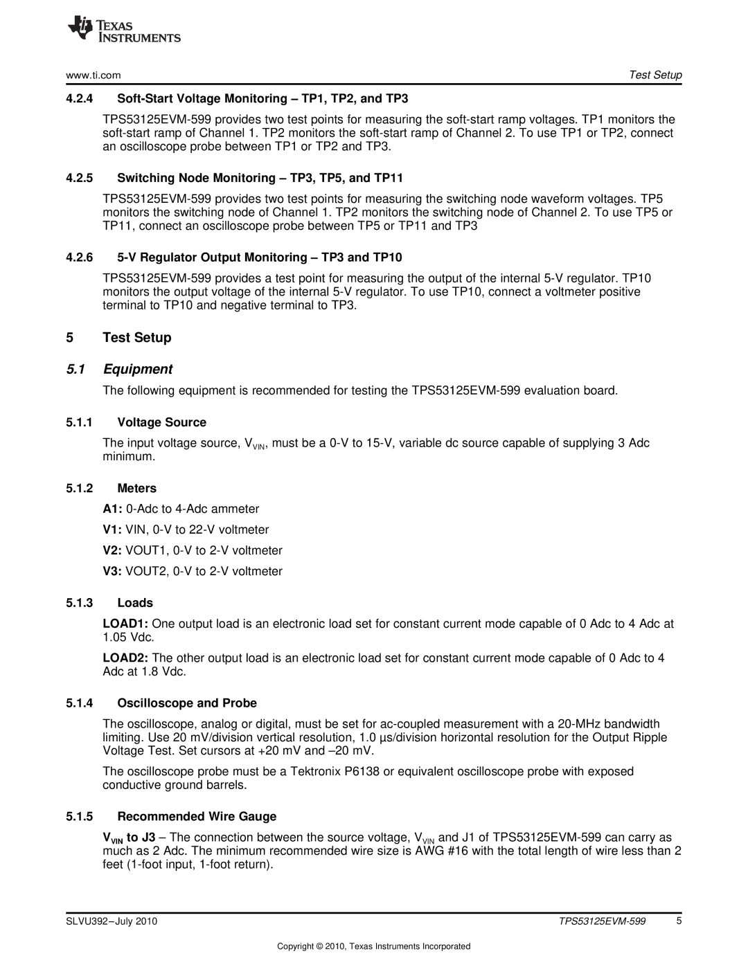 Texas Instruments TPS53125EVM-599 specifications Test Setup, Equipment 