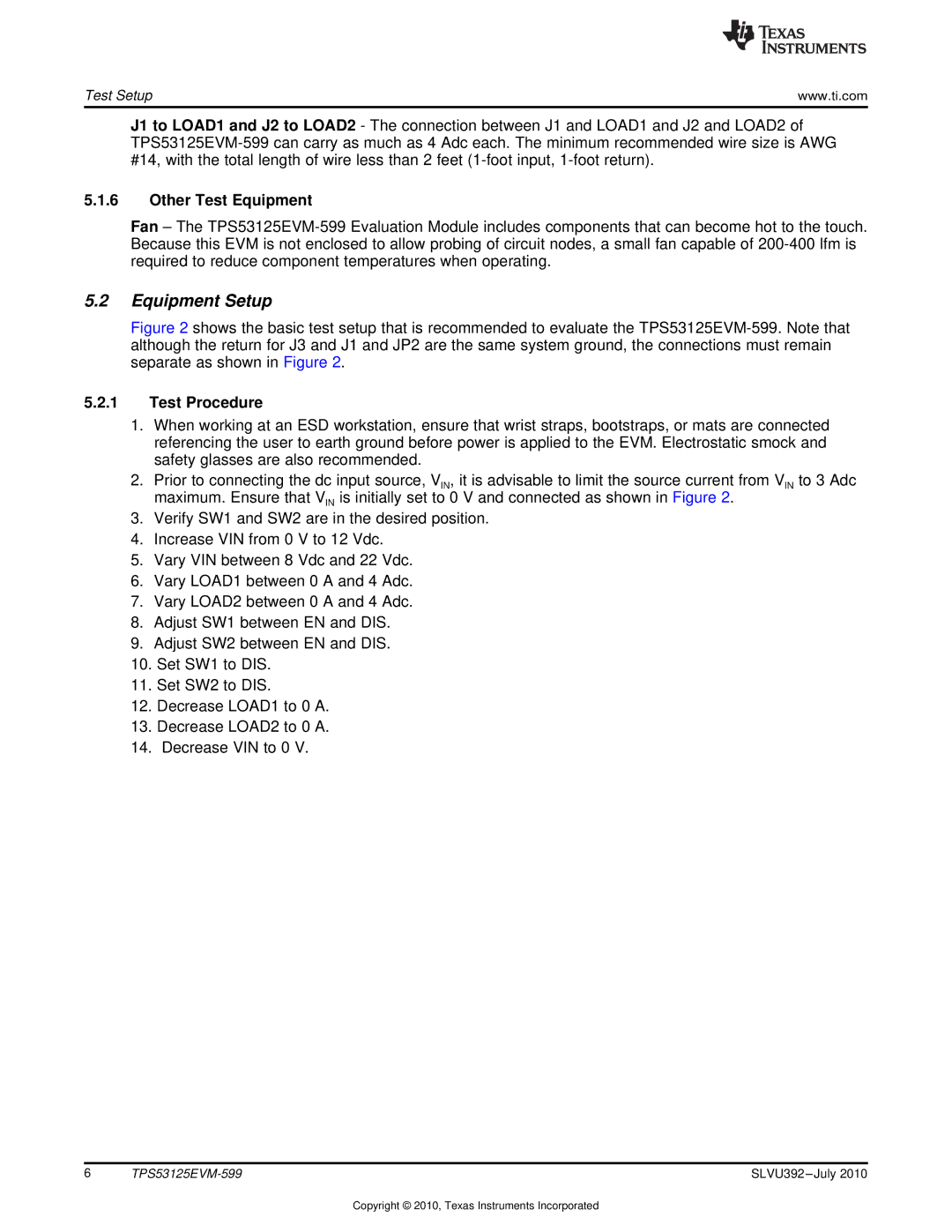 Texas Instruments TPS53125EVM-599 specifications Equipment Setup, Other Test Equipment, Test Procedure 