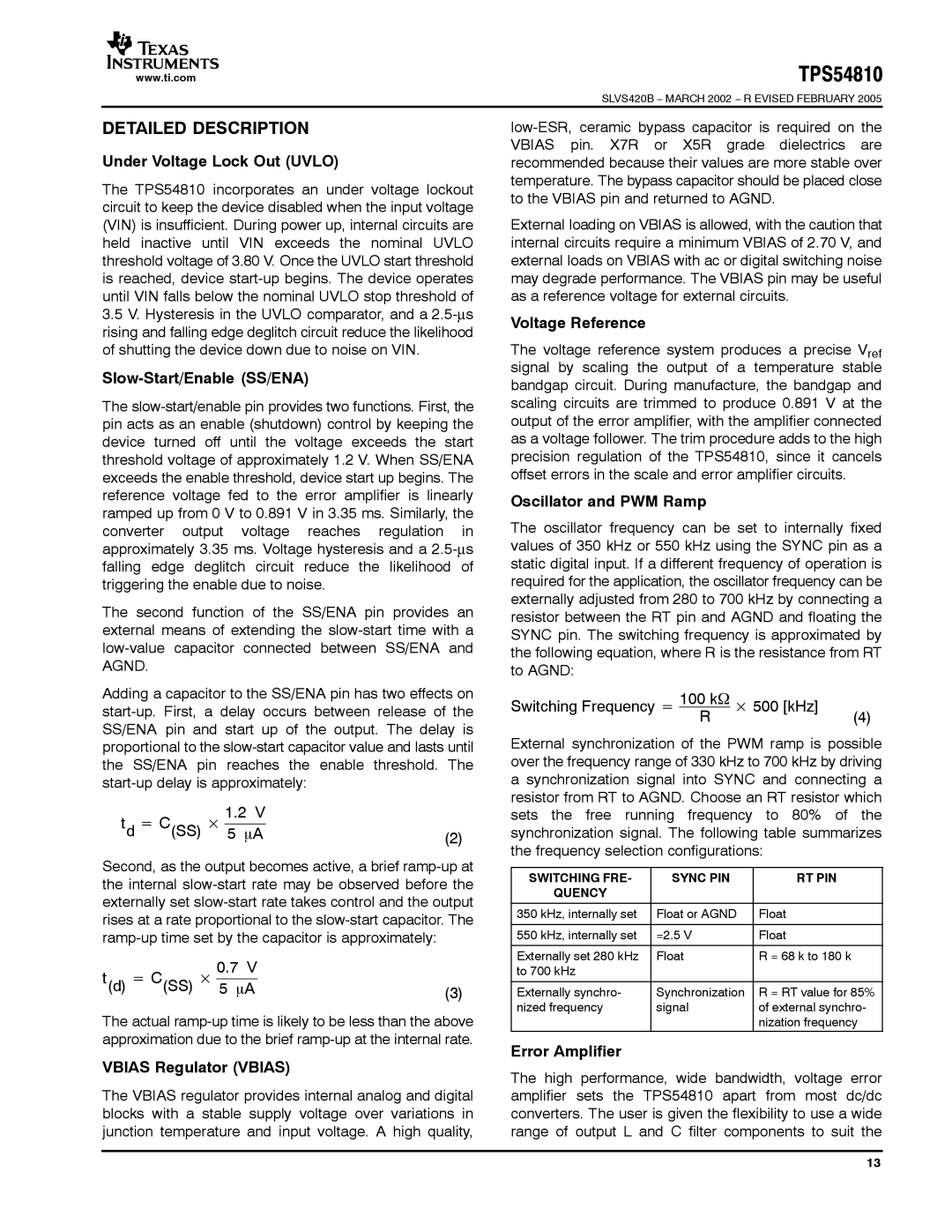 Texas Instruments TPS54810 warranty Detailed Description, Switching FRE Sync PIN RT PIN, Quency 