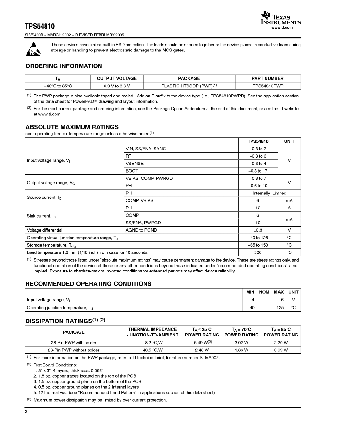 Texas Instruments TPS54810 warranty Ordering Information, Absolute Maximum Ratings, Recommended Operating Conditions 