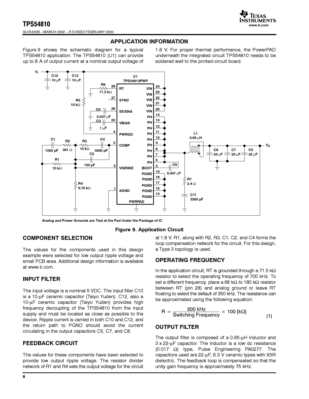 Texas Instruments TPS54810 Application Information, Component Selection Input Filter, Feedback Circuit, Output Filter 