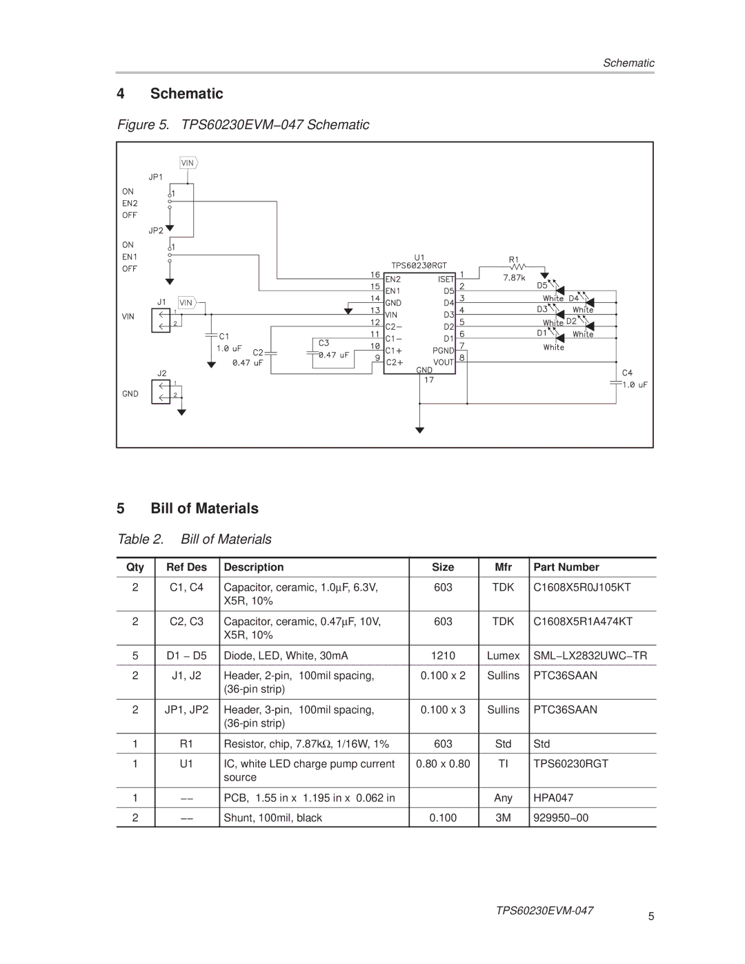 Texas Instruments TPS60230EVM-047 manual Schematic, Bill of Materials 