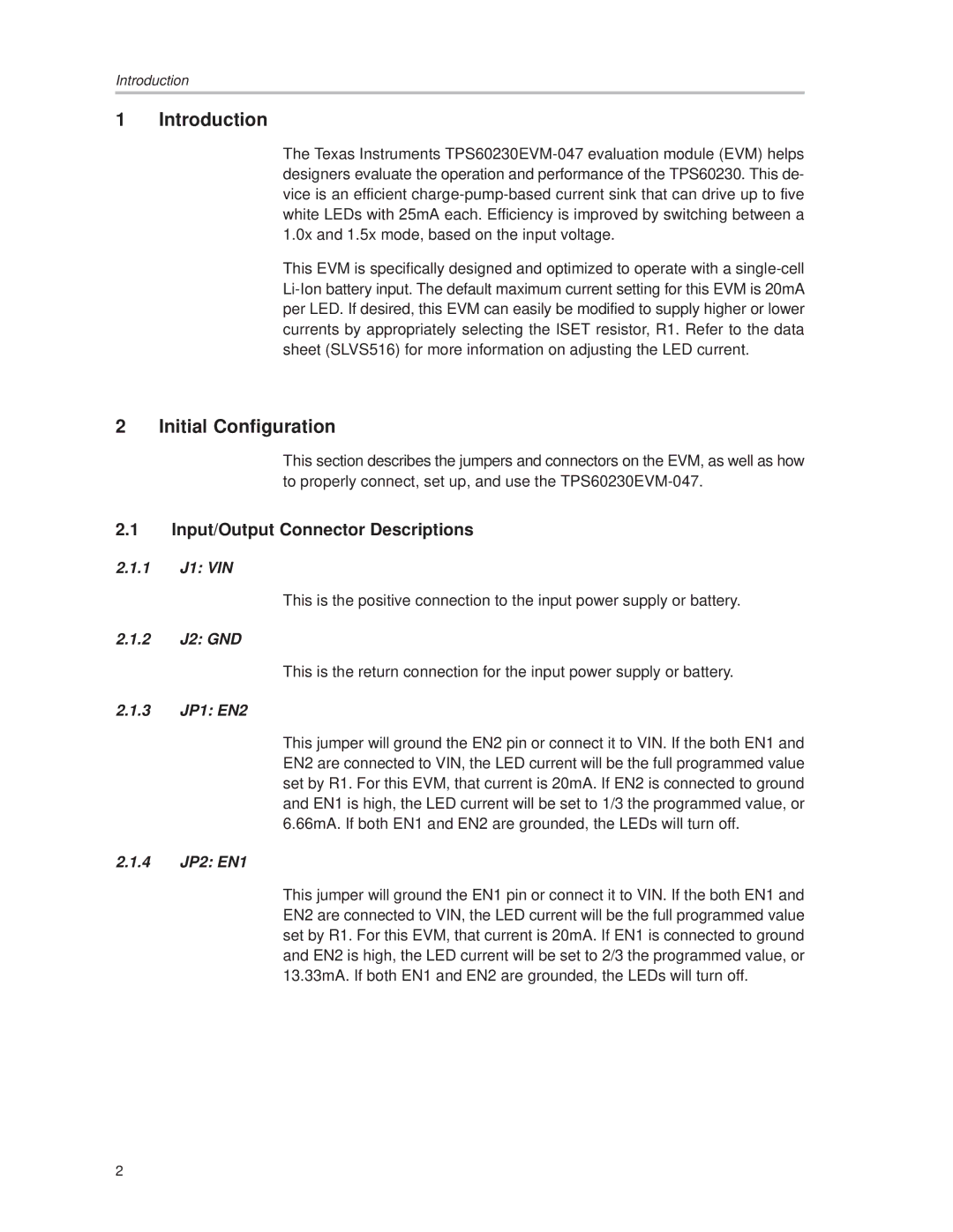 Texas Instruments TPS60230EVM-047 manual Introduction, Initial Configuration 