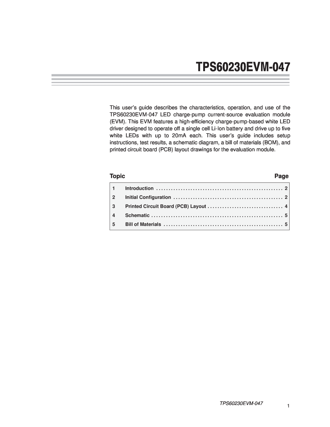 Texas Instruments TPS60230EVM-047 manual TPS60230EVM047, Page, Topic 