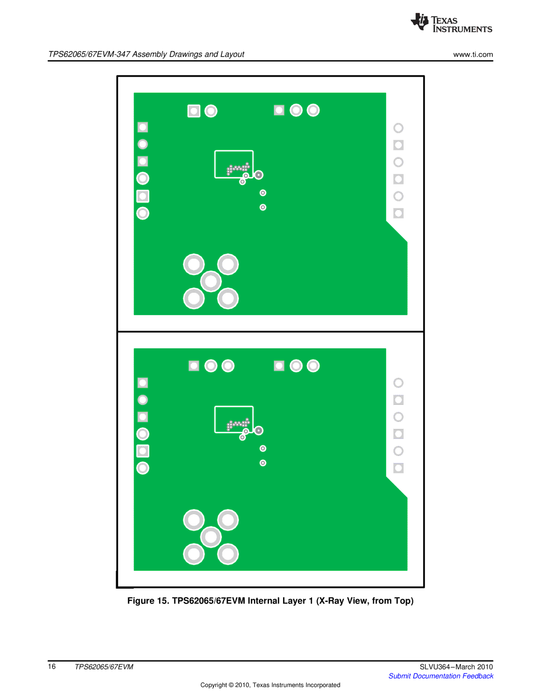 Texas Instruments specifications TPS62065/67EVM Internal Layer 1 X-Ray View, from Top 