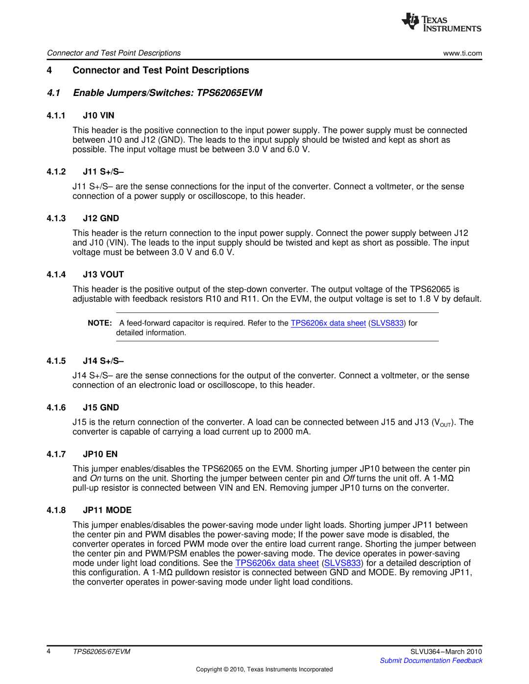 Texas Instruments specifications Connector and Test Point Descriptions, Enable Jumpers/Switches TPS62065EVM 