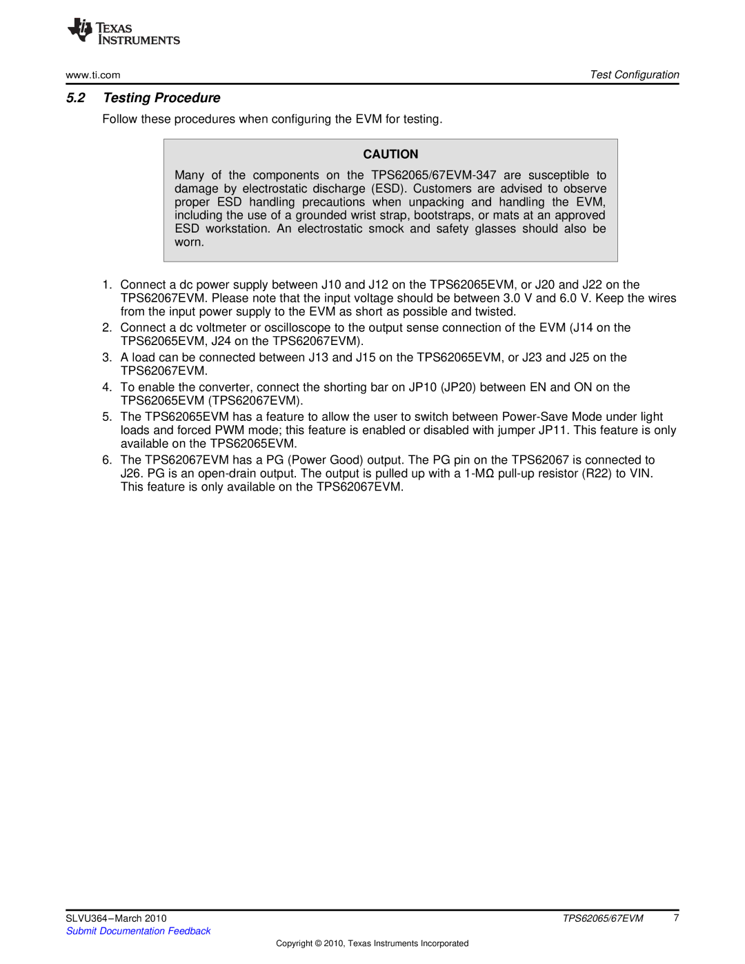 Texas Instruments TPS62065 specifications Testing Procedure 