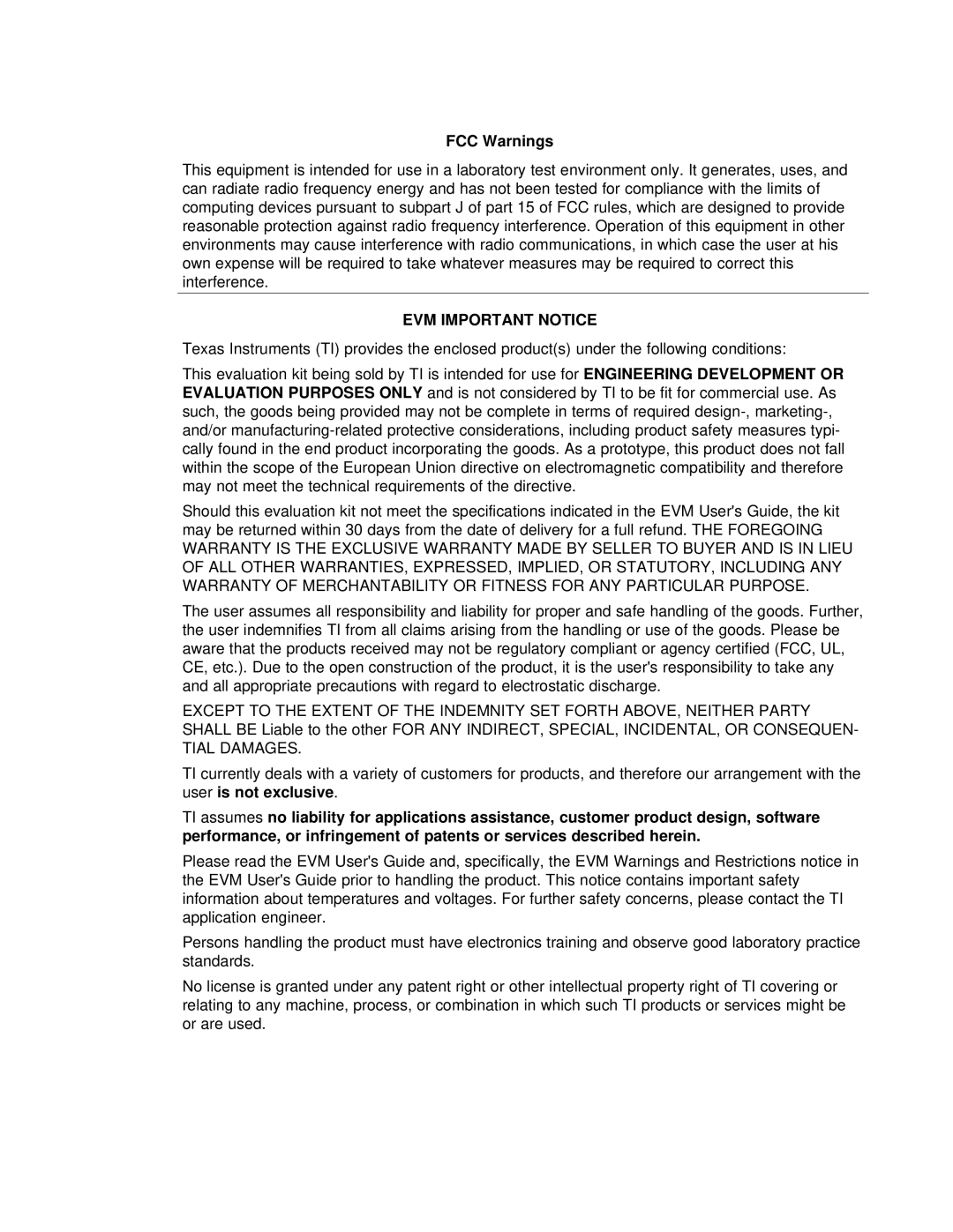 Texas Instruments TPS65020EVM-110 manual FCC Warnings, EVM Important Notice 