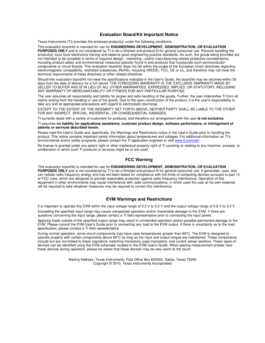 Texas Instruments TPS650231EVM manual Evaluation Board/Kit Important Notice, FCC Warning, EVM Warnings and Restrictions 