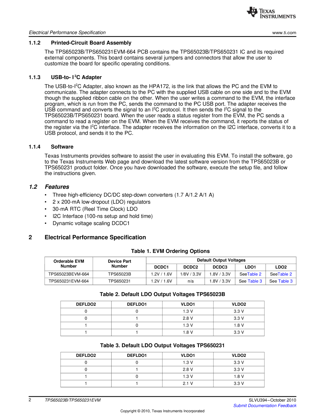 Texas Instruments TPS65023B, TPS650231EVM manual Features, Electrical Performance Specification 