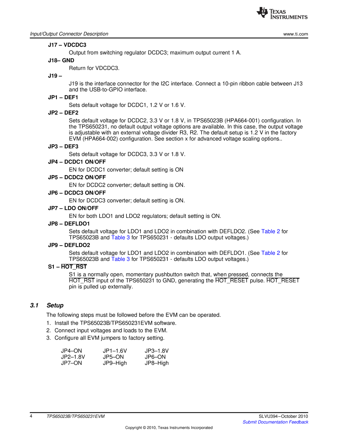 Texas Instruments TPS65023B, TPS650231EVM manual Setup 