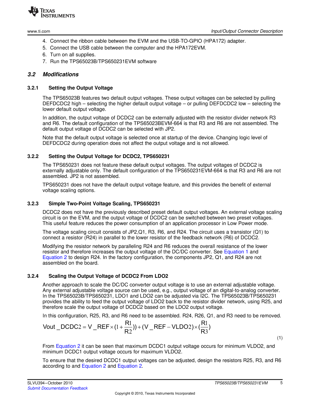 Texas Instruments TPS650231EVM, TPS65023B manual Modifications, Setting the Output Voltage for DCDC2, TPS650231 