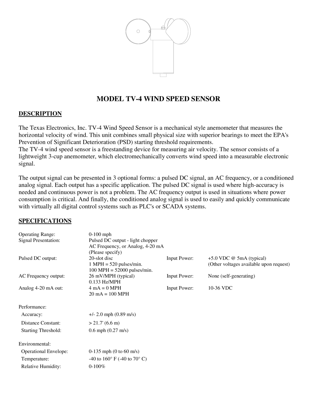 Texas Instruments TR-525USW, TR-525I, SERIES 525 RAINFALL SENSORS user manual Model TV-4 Wind Speed Sensor 