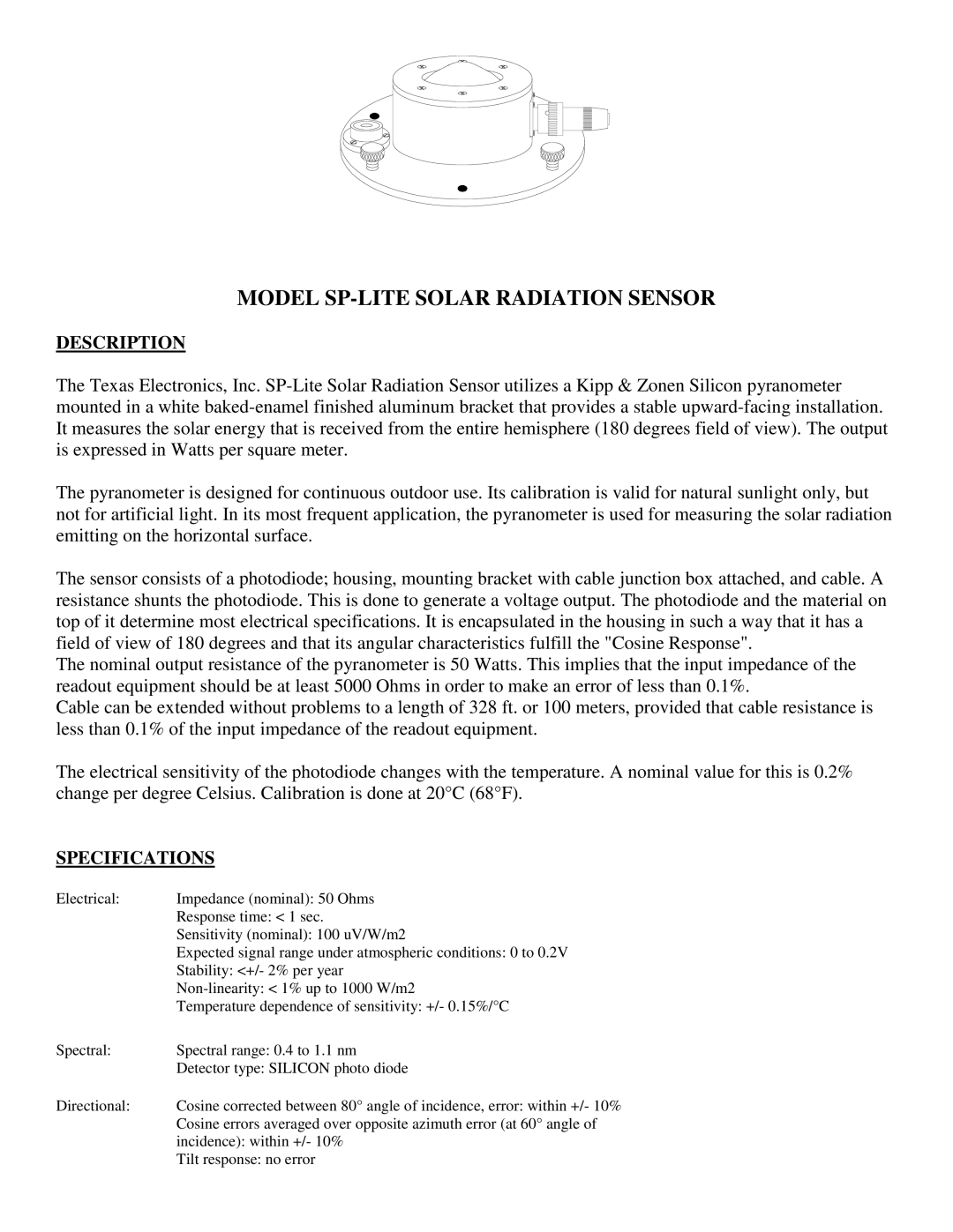 Texas Instruments TR-525I, TR-525USW, SERIES 525 RAINFALL SENSORS user manual Model SP-LITE Solar Radiation Sensor 