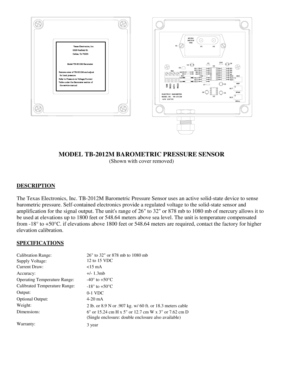 Texas Instruments SERIES 525 RAINFALL SENSORS, TR-525I, TR-525USW user manual Model TB-2012M Barometric Pressure Sensor 