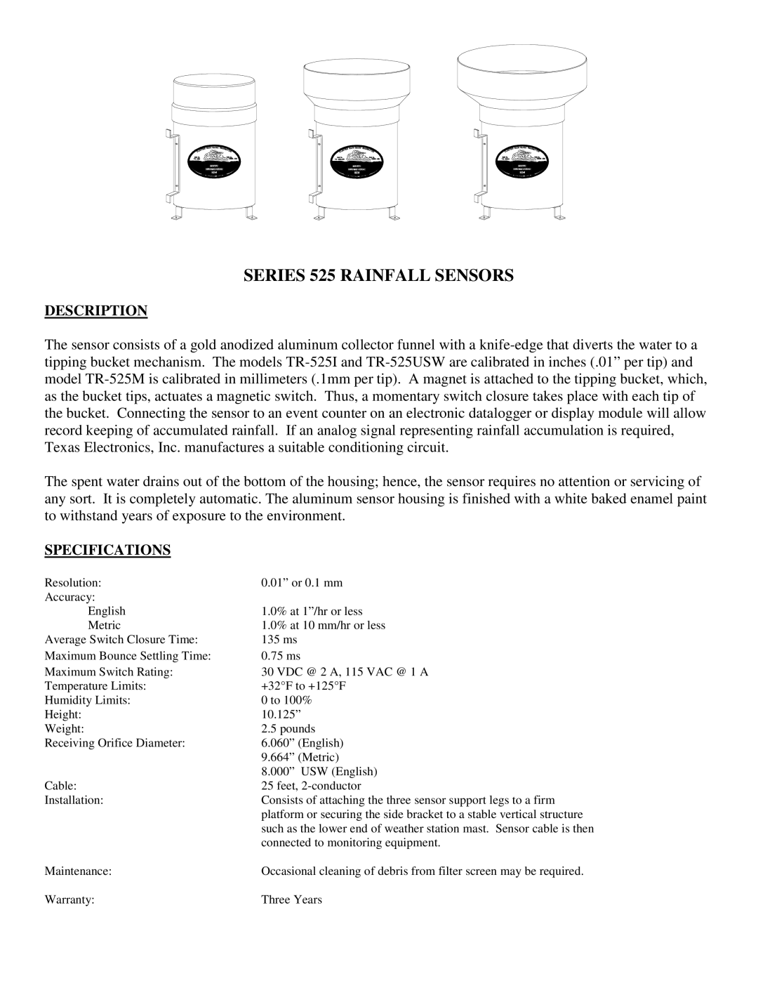 Texas Instruments SERIES 525 RAINFALL SENSORS, TR-525I, TR-525USW Series 525 Rainfall Sensors, Description, Specifications 