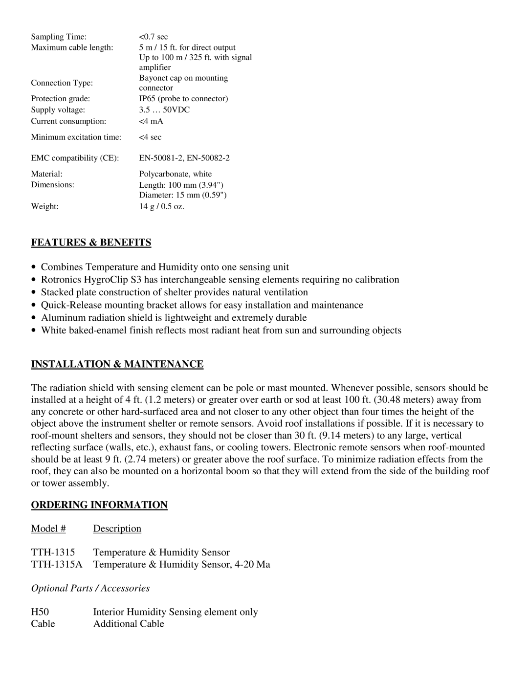 Texas Instruments TR-525USW, TR-525I, SERIES 525 RAINFALL SENSORS user manual Features & Benefits, Installation & Maintenance 