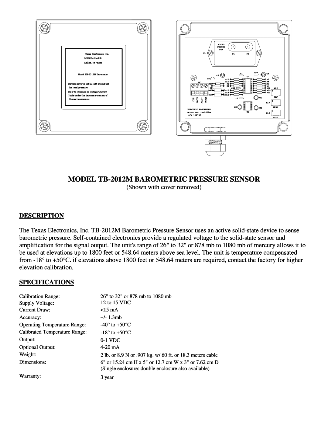 Texas Instruments SERIES 525 RAINFALL SENSORS MODEL TB-2012MBAROMETRIC PRESSURE SENSOR, Description, Specifications 
