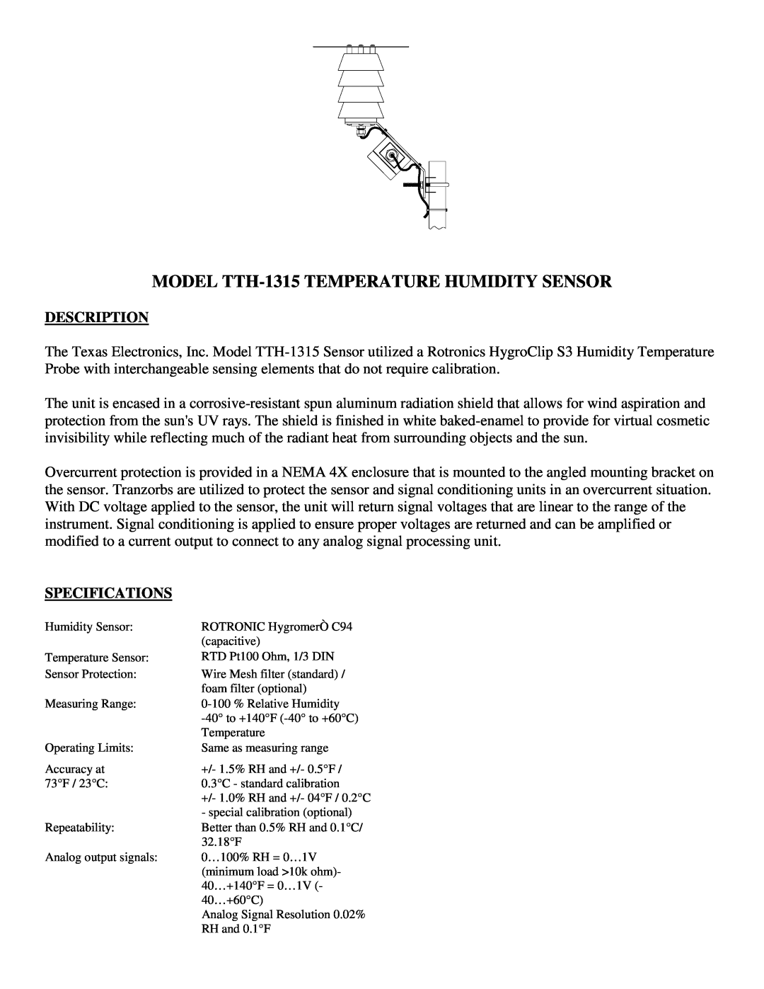 Texas Instruments TR-525I, TR-525USW user manual MODEL TTH-1315TEMPERATURE HUMIDITY SENSOR, Description, Specifications 