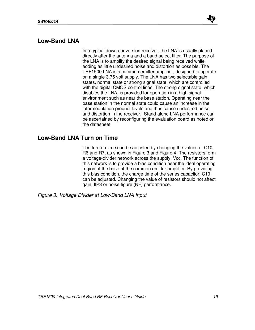 Texas Instruments TRF1500 manual Low-Band LNA Turn on Time 