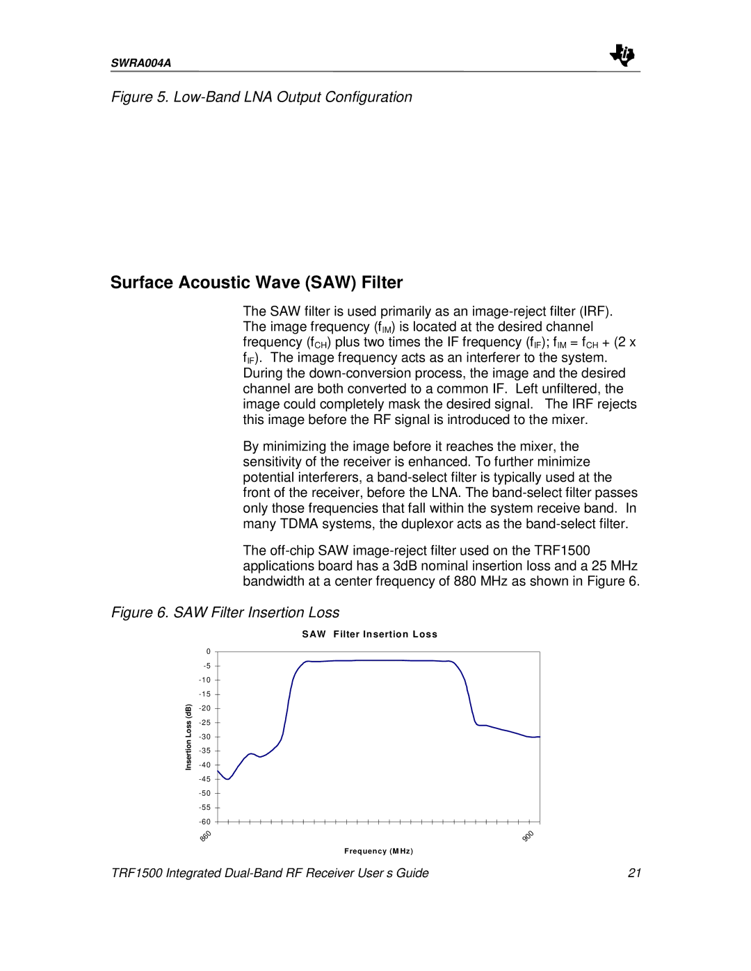 Texas Instruments TRF1500 manual Surface Acoustic Wave SAW Filter, Low-Band LNA Output Configuration 