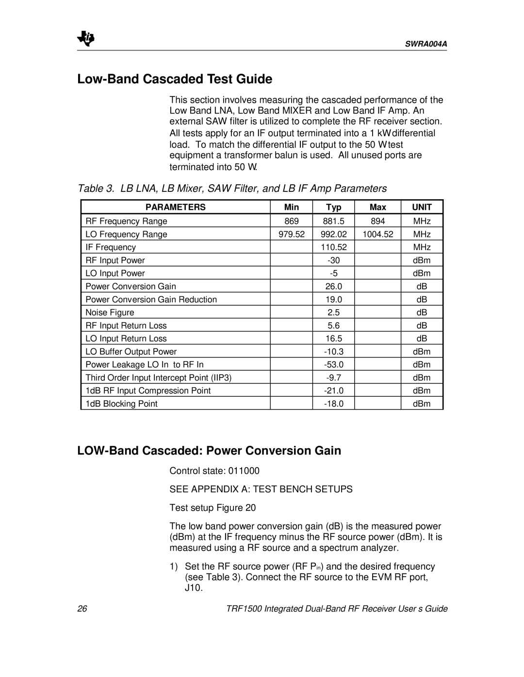 Texas Instruments TRF1500 manual Low-Band Cascaded Test Guide, LOW-Band Cascaded Power Conversion Gain 