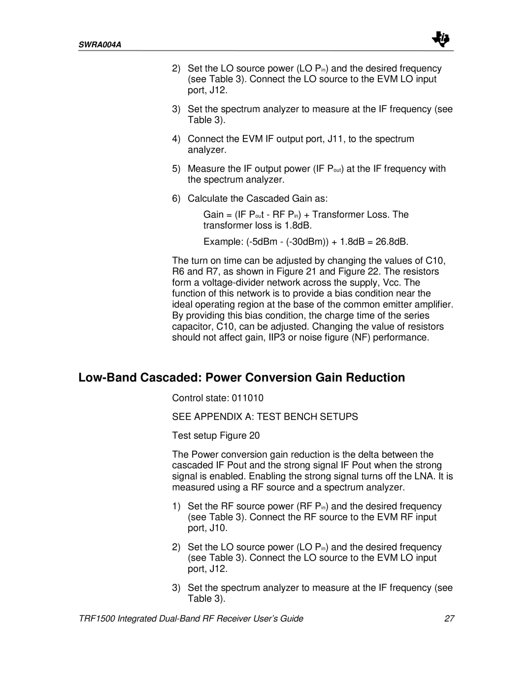 Texas Instruments TRF1500 manual Low-Band Cascaded Power Conversion Gain Reduction 