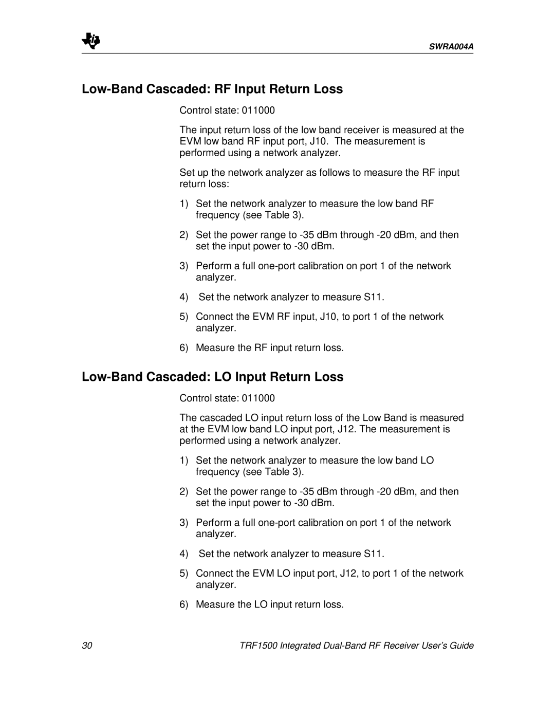 Texas Instruments TRF1500 manual Low-Band Cascaded RF Input Return Loss, Low-Band Cascaded LO Input Return Loss 