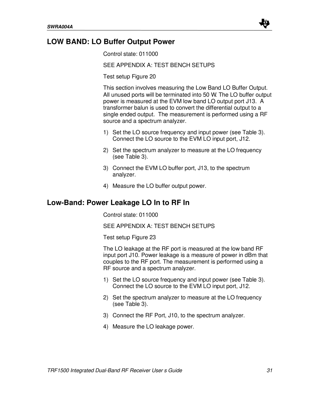 Texas Instruments TRF1500 manual LOW Band LO Buffer Output Power, Low-Band Power Leakage LO In to RF 