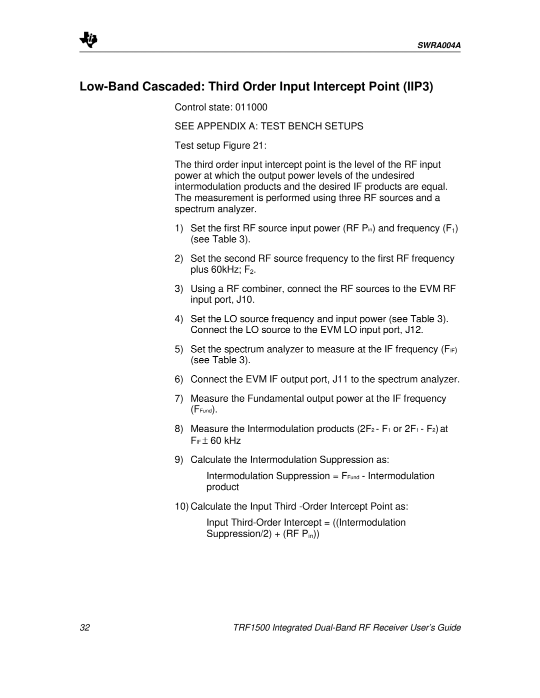 Texas Instruments TRF1500 manual Low-Band Cascaded Third Order Input Intercept Point IIP3 