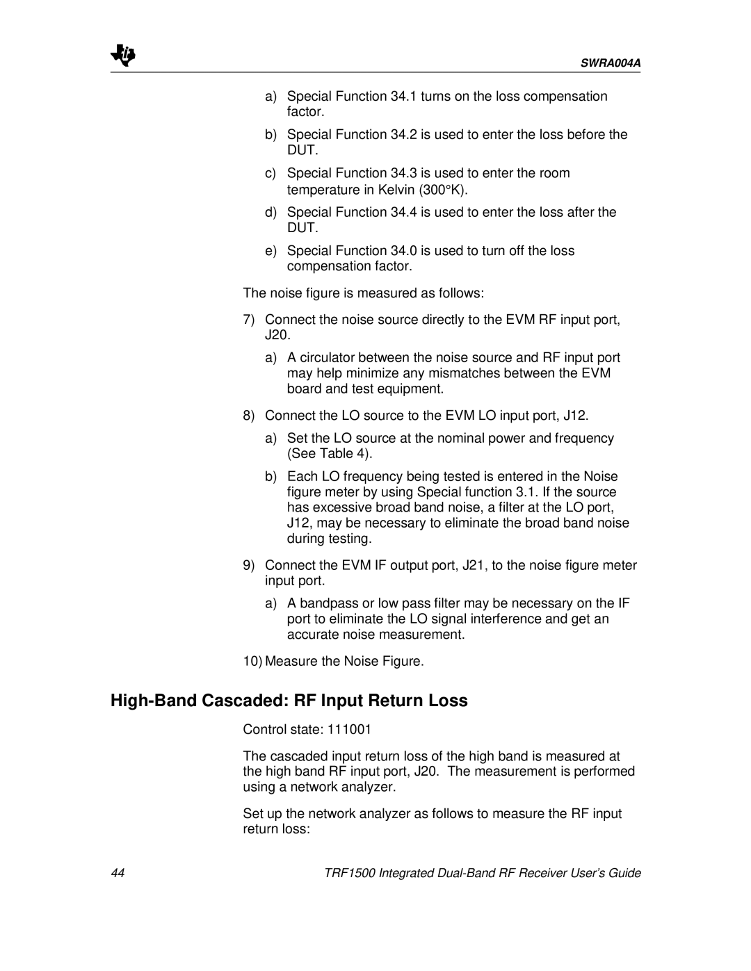 Texas Instruments TRF1500 manual High-Band Cascaded RF Input Return Loss 