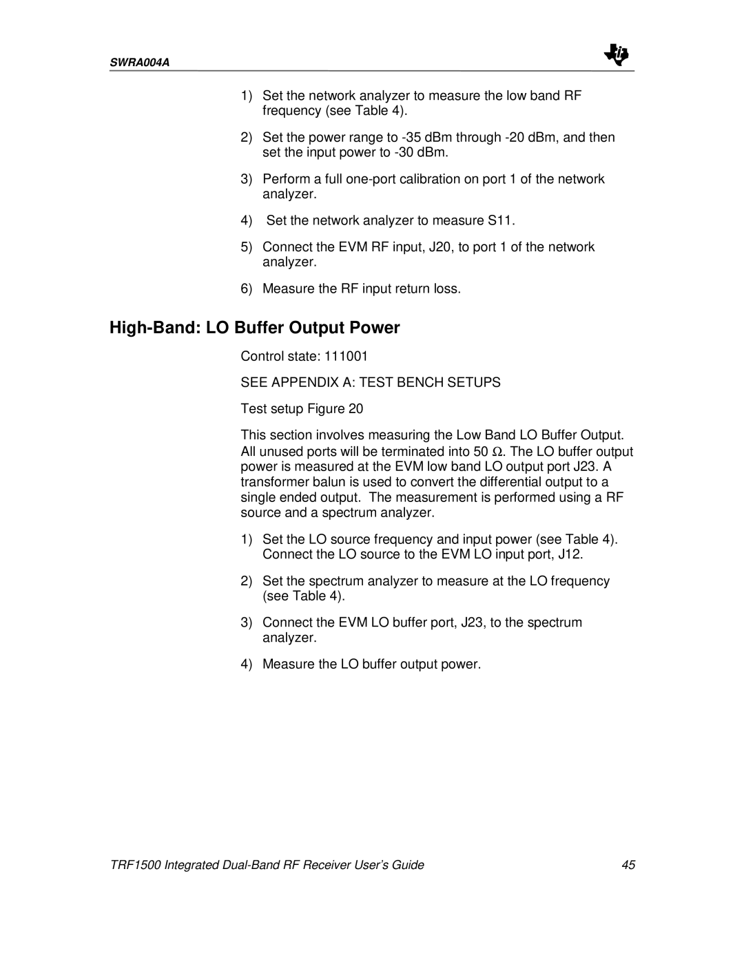 Texas Instruments TRF1500 manual High-Band LO Buffer Output Power 