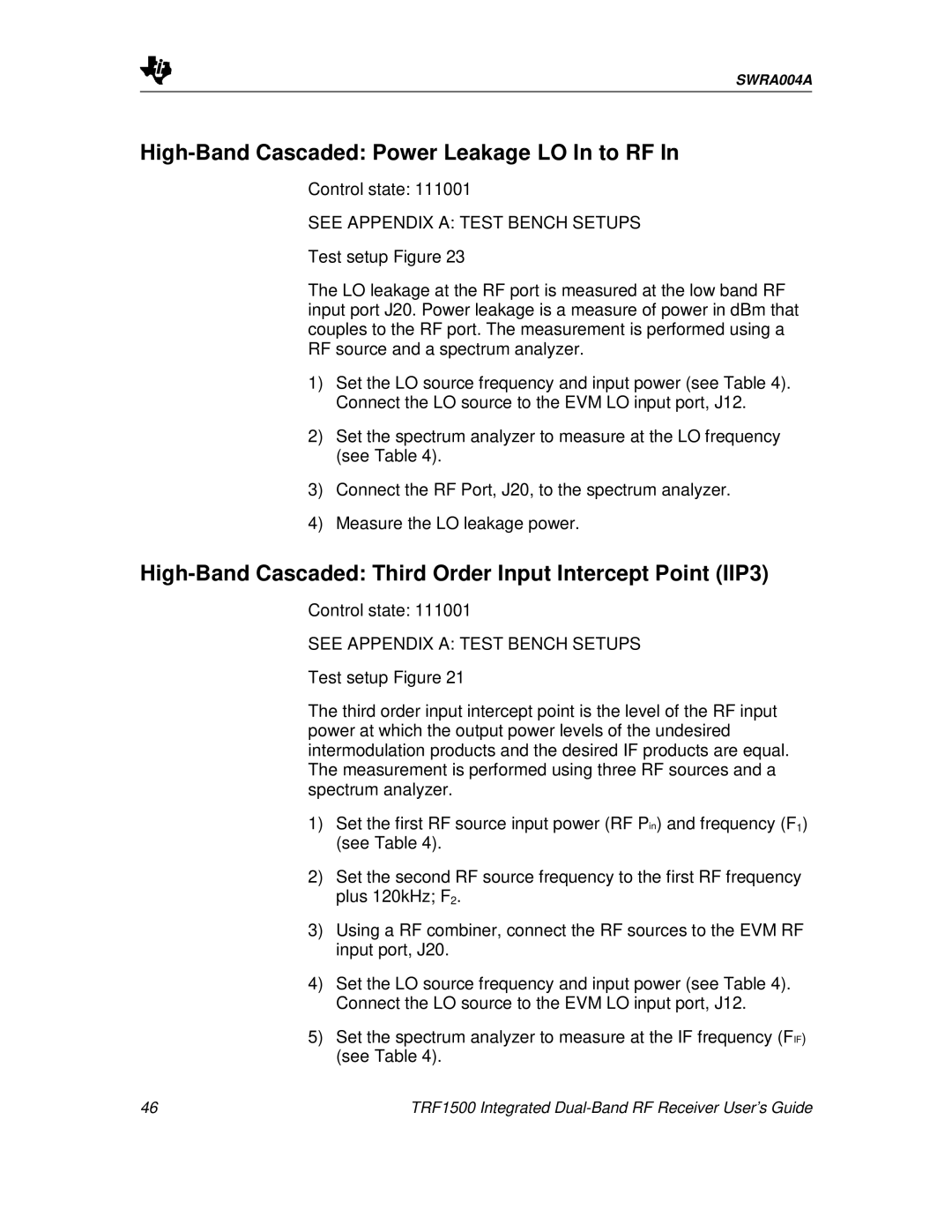 Texas Instruments TRF1500 manual High-Band Cascaded Power Leakage LO In to RF 