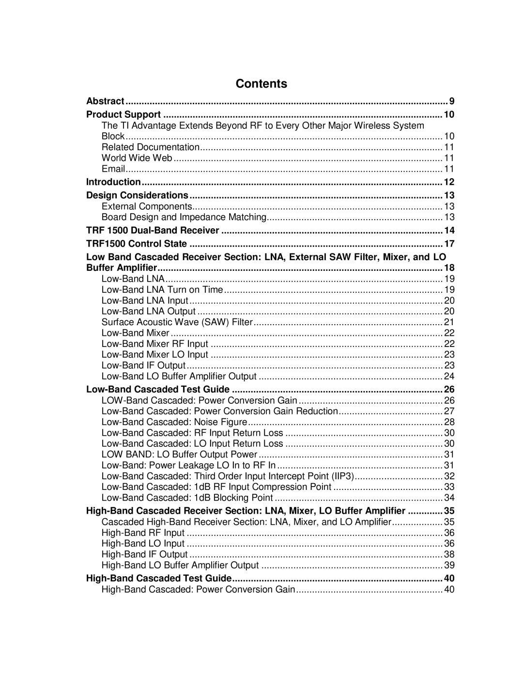 Texas Instruments TRF1500 manual Contents 