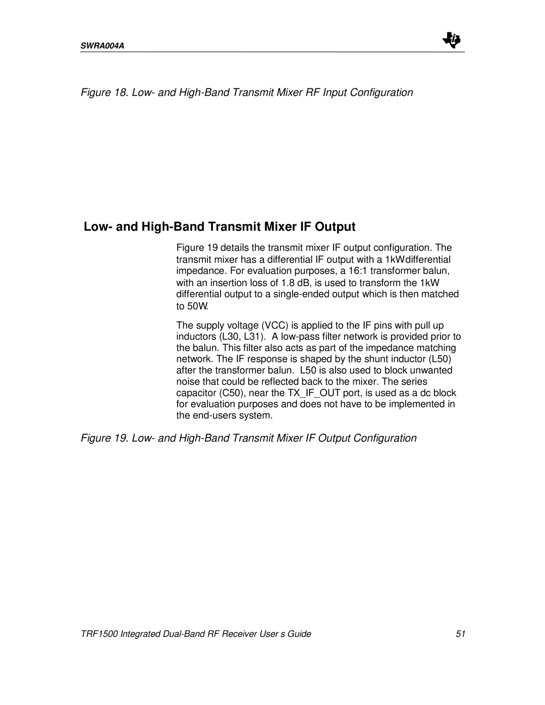 Texas Instruments TRF1500 manual Low- and High-Band Transmit Mixer RF Input Configuration 