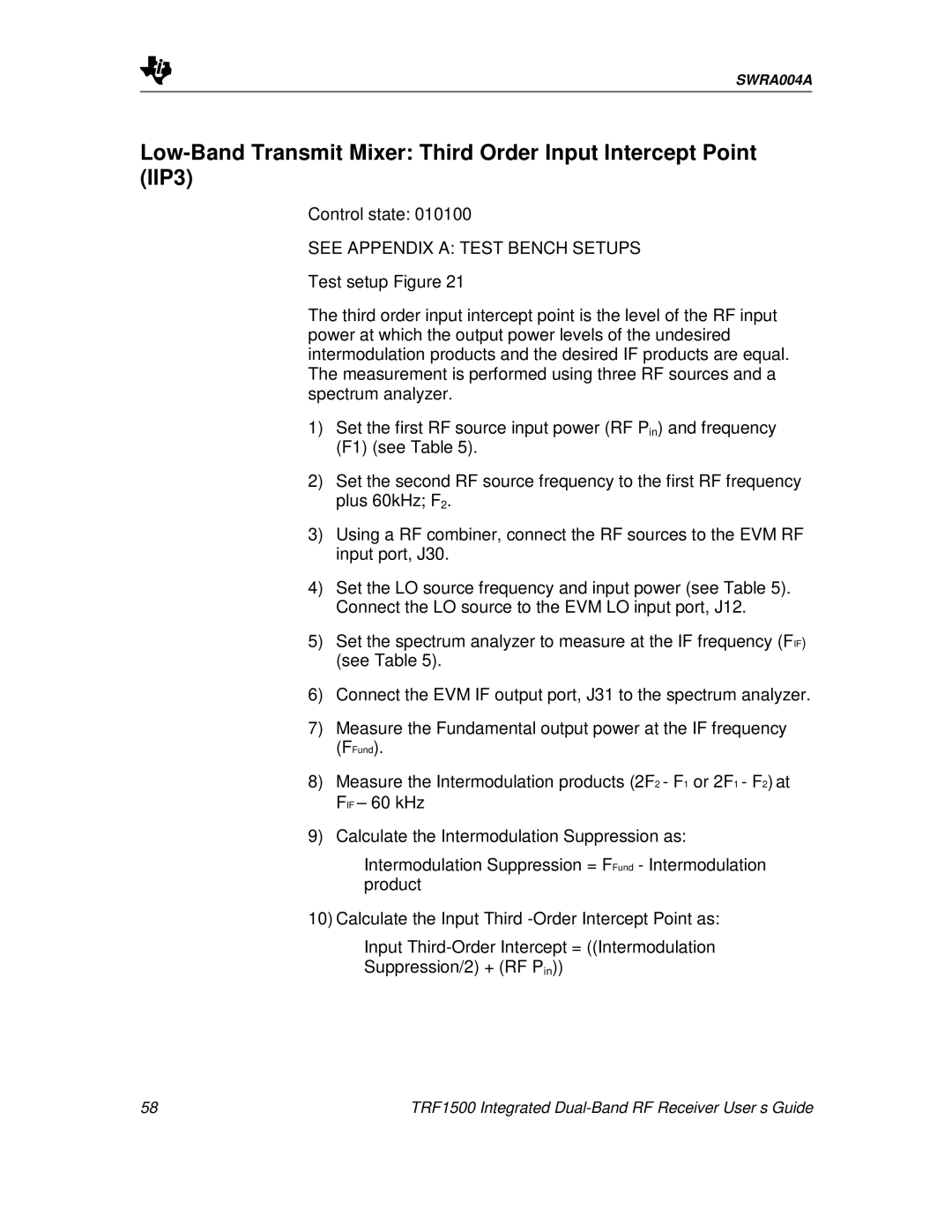 Texas Instruments TRF1500 manual See Appendix a Test Bench Setups 