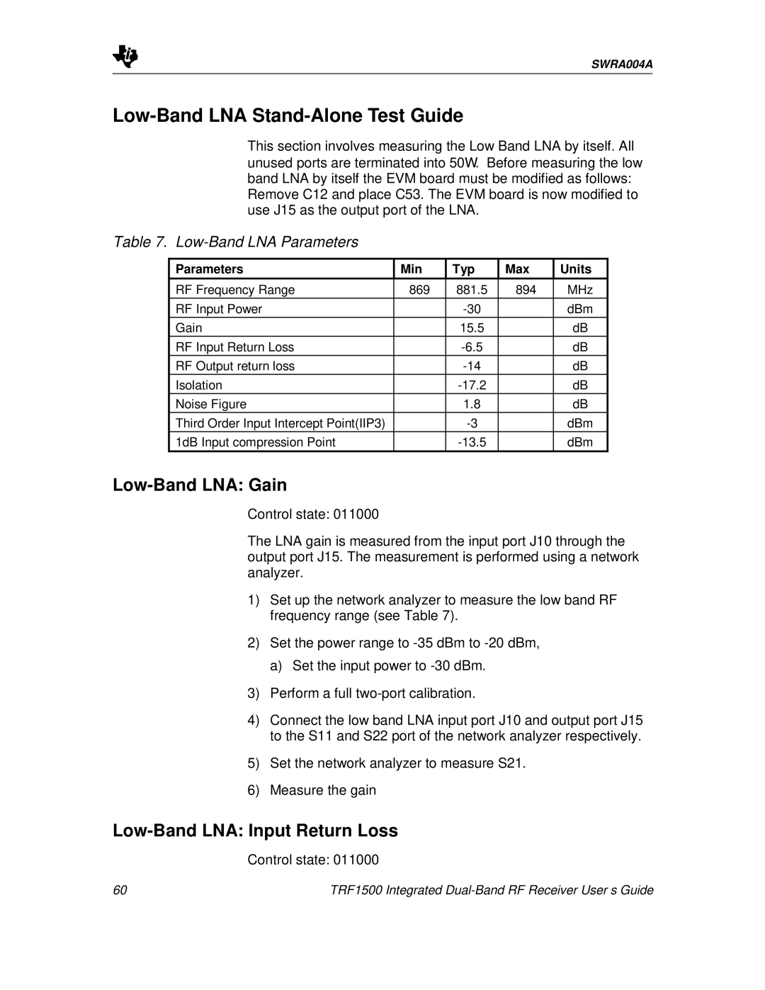 Texas Instruments TRF1500 manual Low-Band LNA Stand-Alone Test Guide, Low-Band LNA Gain, Low-Band LNA Input Return Loss 