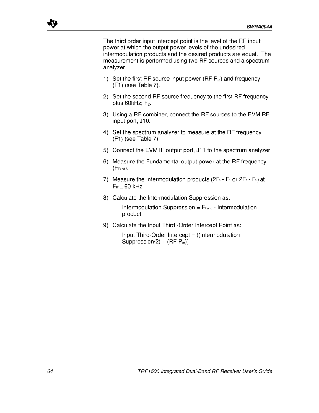 Texas Instruments manual TRF1500 Integrated Dual-Band RF Receiver User’s Guide 