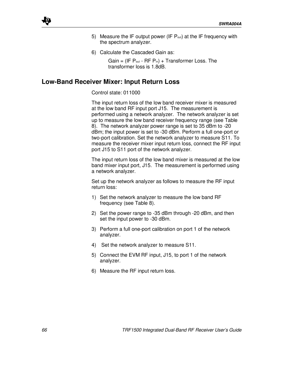 Texas Instruments TRF1500 manual Low-Band Receiver Mixer Input Return Loss 