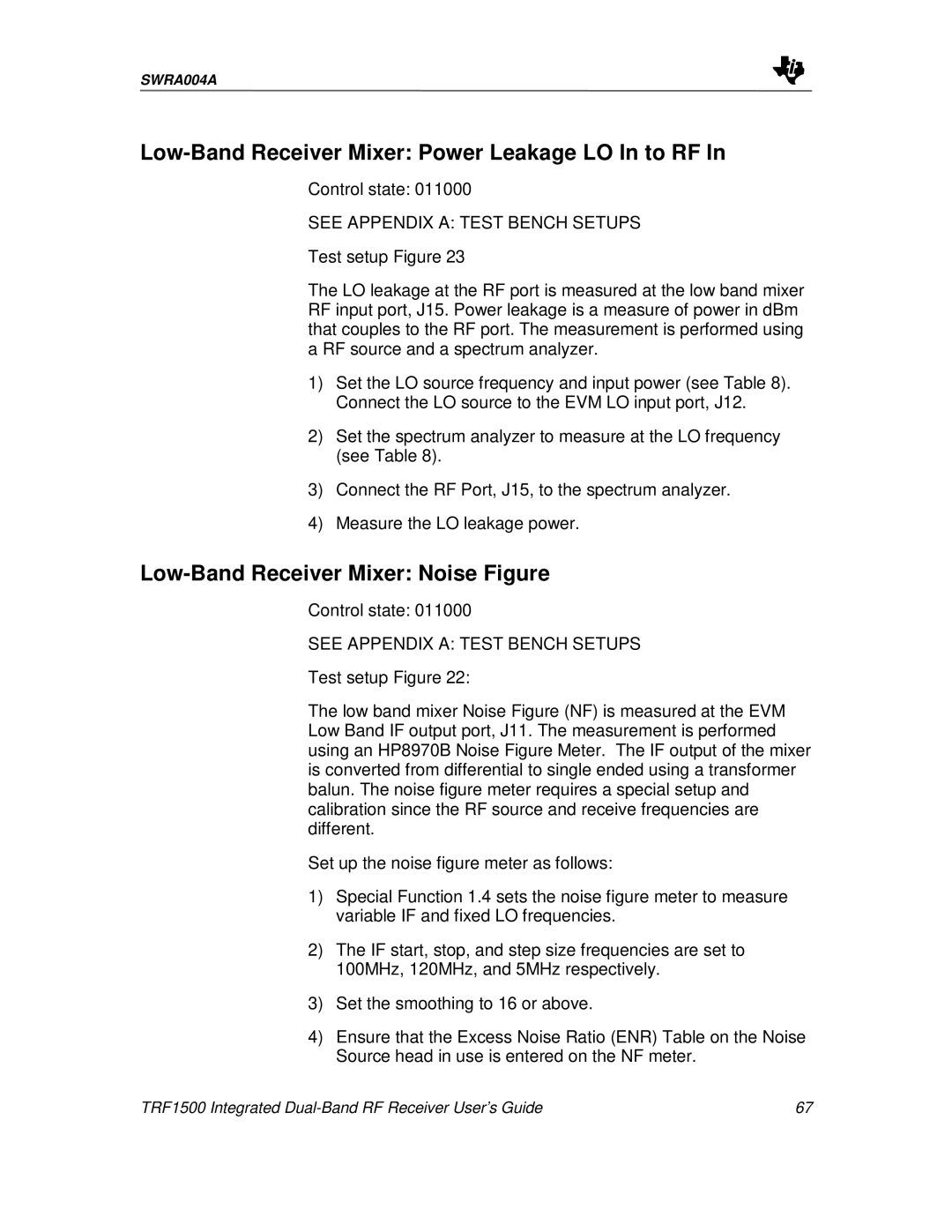 Texas Instruments TRF1500 manual Low-Band Receiver Mixer Power Leakage LO In to RF, Low-Band Receiver Mixer Noise Figure 