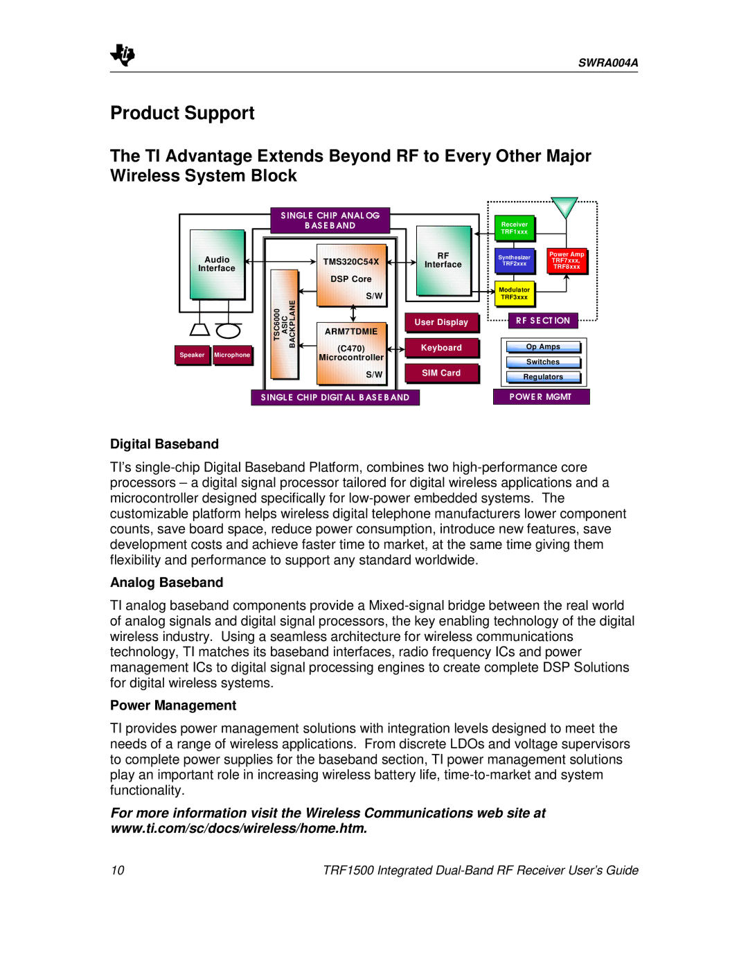 Texas Instruments TRF1500 manual Product Support, Ingl E Chip Anal OG AS E B 