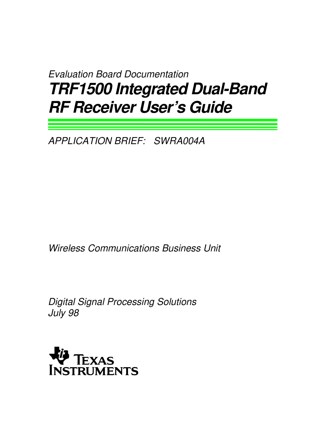 Texas Instruments TRF1500 manual Evaluation Board Documentation, APPLICATION BRIEF SWRA004A 